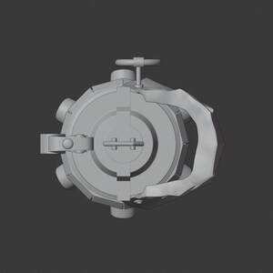 May include: A gray metal valve with a handle and a wheel. The valve has a circular shape with multiple openings.