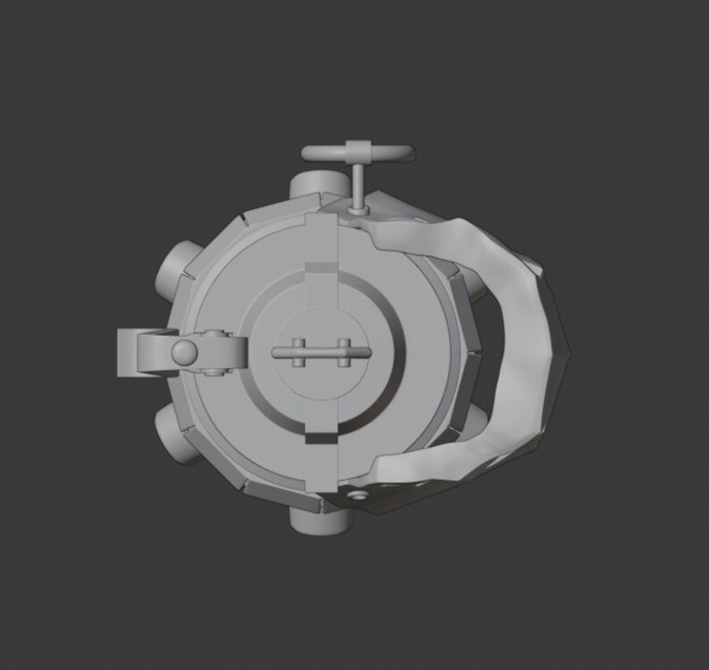 May include: A gray metal valve with a handle and a wheel. The valve has a circular shape with multiple openings.