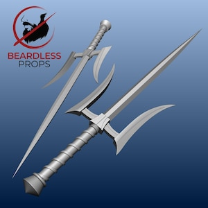 May include: Two silver-colored sai weapons with a central blade and two curved side prongs. The handles feature a ribbed texture and a conical pommel. The text BEARDLESS PROPS appears in red and black with a circular logo above it.