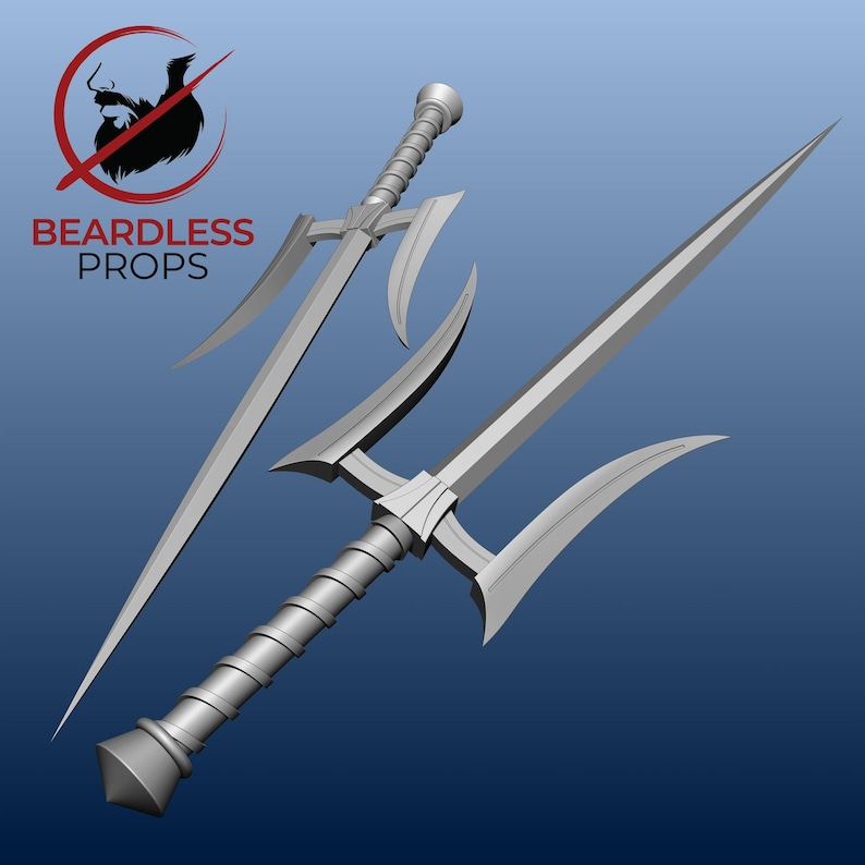 May include: Two silver-colored sai weapons with a central blade and two curved side prongs. The handles feature a ribbed texture and a conical pommel. The text BEARDLESS PROPS appears in red and black with a circular logo above it.