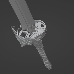 May include: A grey 3D rendered sword featuring a long blade and a detailed hilt. The guard has an intricate geometric design with sharp, angular edges. The handle has a textured, cross-hatched pattern, and the pommel is visible at the base.