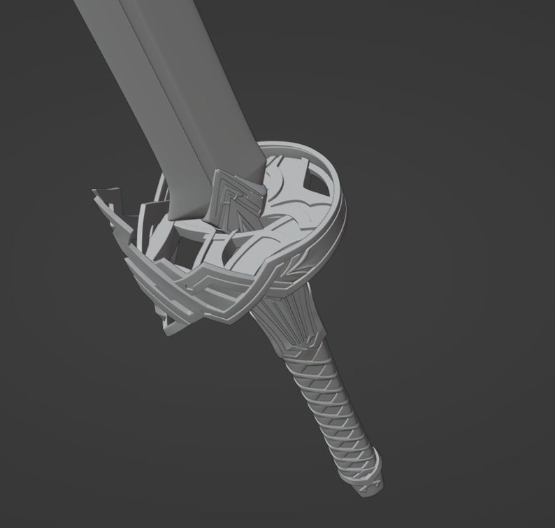 May include: A grey 3D rendered sword featuring a long blade and a detailed hilt. The guard has an intricate geometric design with sharp, angular edges. The handle has a textured, cross-hatched pattern, and the pommel is visible at the base.