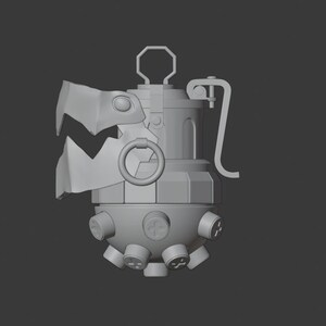 May include: A gray 3D model of a grenade with a textured surface and a ring pull. The grenade has a wing-like design on one side and a series of small, round buttons on the bottom.