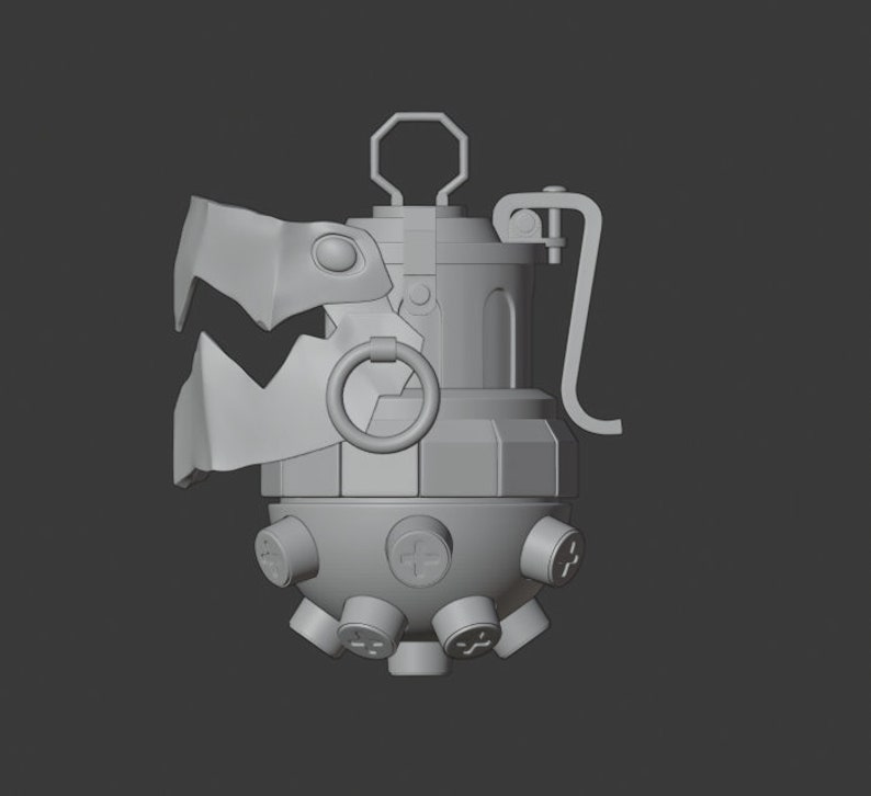 May include: A gray 3D model of a grenade with a textured surface and a ring pull. The grenade has a wing-like design on one side and a series of small, round buttons on the bottom.
