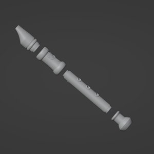 May include: A disassembled plastic recorder flute in three pieces. The flute is gray and has a rounded end.
