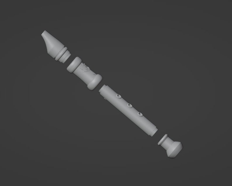 May include: A disassembled plastic recorder flute in three pieces. The flute is gray and has a rounded end.
