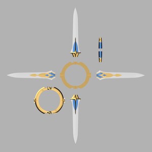 May include: A set of four gold and blue swords with decorative handles and a gold ring. The swords are arranged in a cross shape.