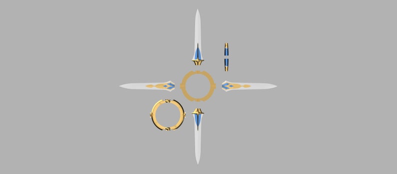 May include: A set of four gold and blue swords with decorative handles and a gold ring. The swords are arranged in a cross shape.
