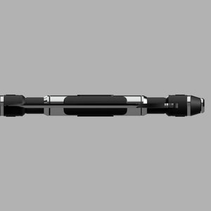 May include: A black and silver tool with a long, cylindrical body and two round ends. The tool has a textured surface and appears to be made of metal.