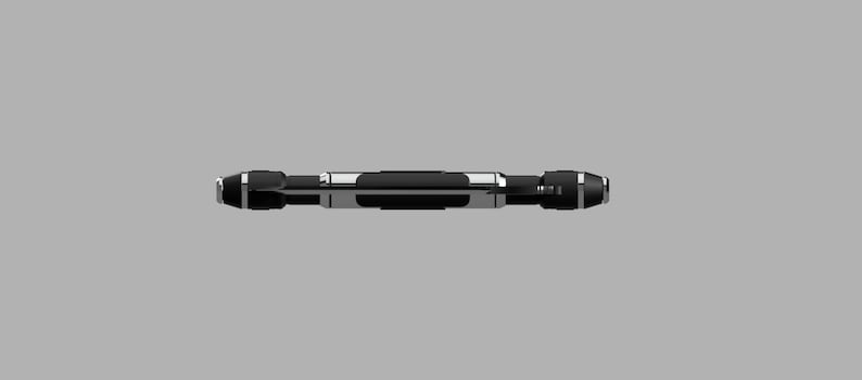 May include: A black and silver tool with a long, cylindrical body and two round ends. The tool has a textured surface and appears to be made of metal.
