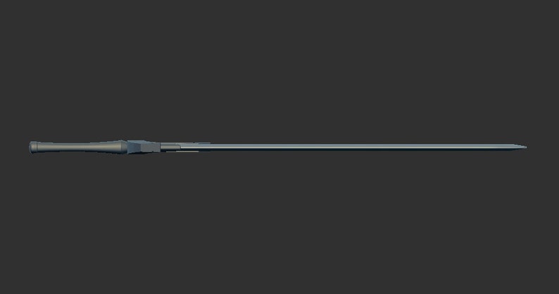 May include: A long, silver-colored sword with a black handle. The sword is sharp and pointed, and the handle is decorated with a simple design.