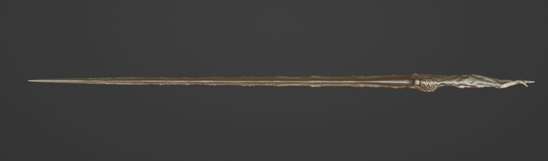 May include: A long, thin, silver-colored sword with a detailed, ornate handle.