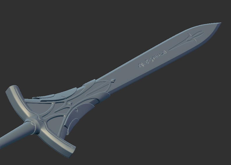 May include: A silver sword with intricate details on the hilt and blade. The blade is engraved with the text "The Sword of Truth".