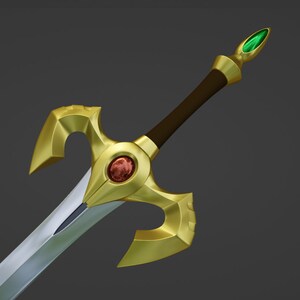 May include: A gold and silver sword with a red gem and a green gem on the hilt. The sword has a curved blade and a decorative handle.