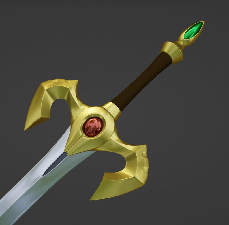 May include: A gold and silver sword with a red gem and a green gem on the hilt. The sword has a curved blade and a decorative handle.