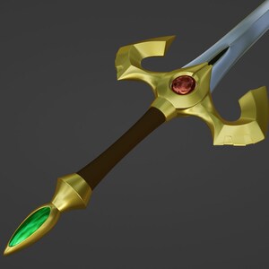 May include: A gold and silver sword with a green gem on the tip and a red gem on the pommel.