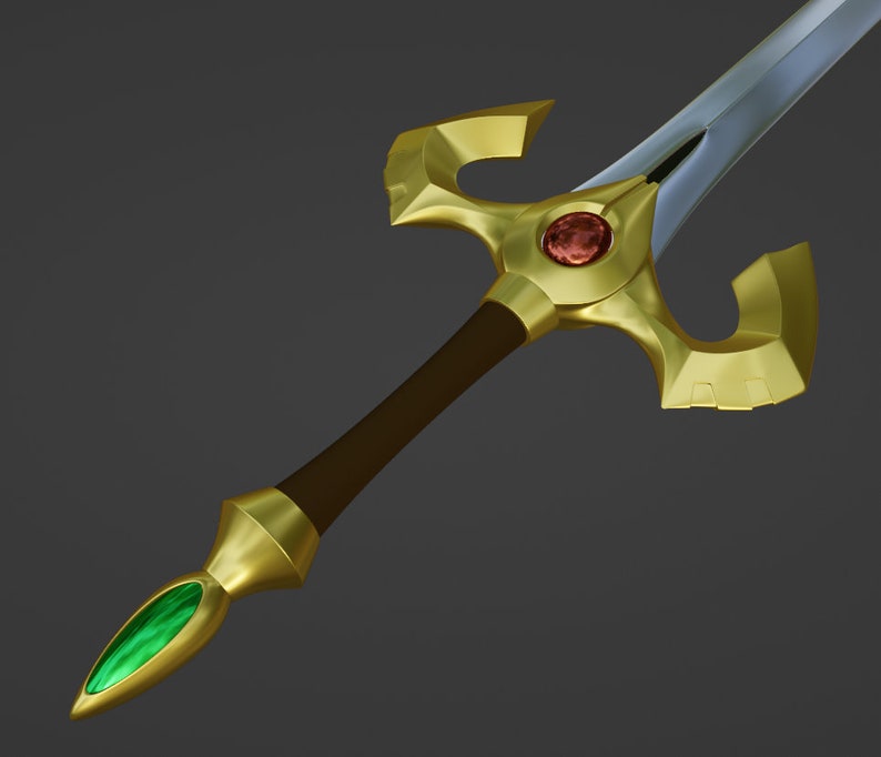 May include: A gold and silver sword with a green gem on the tip and a red gem on the pommel.