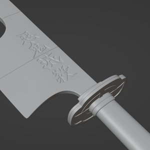 Puede incluir: Un modelo 3D gris de una espada con un mango decorativo y una hoja con los caracteres japoneses "鬼滅の刃" grabados en ella.