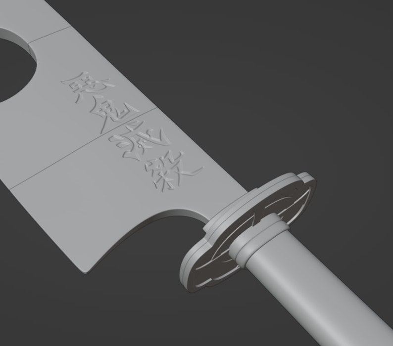 Puede incluir: Un modelo 3D gris de una espada con un mango decorativo y una hoja con los caracteres japoneses "鬼滅の刃" grabados en ella.