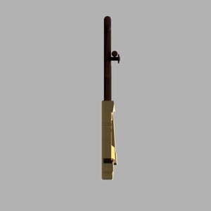 May include: A side view of a vertical wooden instrument featuring a long, dark brown neck with a small tuning peg and a light tan, rectangular body with a carved, geometric, mask-like face design on the front surface.