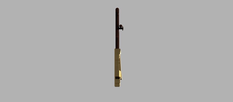 May include: A side view of a vertical wooden instrument featuring a long, dark brown neck with a small tuning peg and a light tan, rectangular body with a carved, geometric, mask-like face design on the front surface.