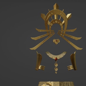 May include: A gold-colored costume set featuring a large arched headpiece with radiating spikes, a small circular emblem with a red center, a necklace with a red diamond-shaped pendant and dangling discs, two arm cuffs, and a wide base piece.