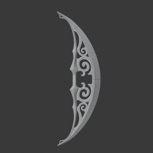May include: A silver, crescent-shaped, decorative sword with intricate, swirling designs. The sword is made of metal and has a sharp point.
