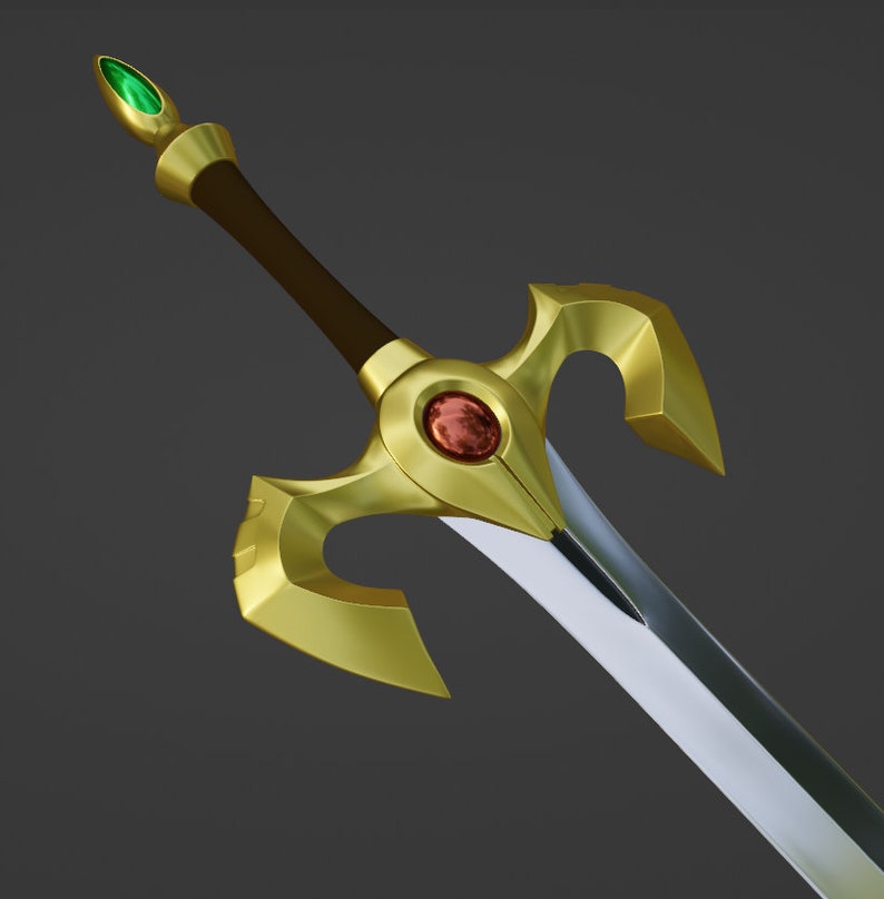 May include: A gold sword with a red and green gem on the hilt. The sword has a silver blade and a curved handle.
