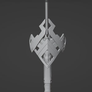 May include: A light grey 3D rendered sword hilt featuring a symmetrical, angular guard with geometric cutouts and a central diamond-shaped element. The design includes a straight, slender blade extending upwards and a textured handle extending downwards.