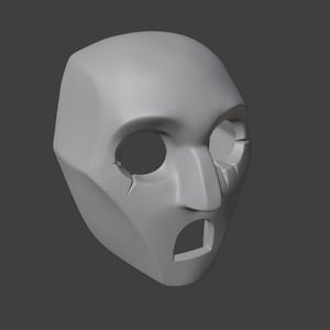 Op de afbeelding: Een wit, 3D-geprint masker met een menselijk gezicht. Het masker heeft een grote, open mond en twee ooggaten. Het masker is ontworpen om eruit te zien als een menselijk gezicht, maar met overdreven kenmerken.