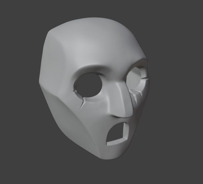 Op de afbeelding: Een wit, 3D-geprint masker met een menselijk gezicht. Het masker heeft een grote, open mond en twee ooggaten. Het masker is ontworpen om eruit te zien als een menselijk gezicht, maar met overdreven kenmerken.