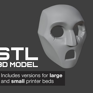 Op de afbeelding: Een 3D-geprint model van een masker met een verraste uitdrukking. Het STL 3D-model is beschikbaar voor zowel grote als kleine printbedden.