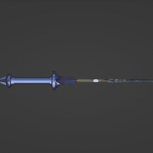 May include: A blue and silver sword with a black blade and a gold accent. The sword has a pointed tip and a handle with a decorative design.