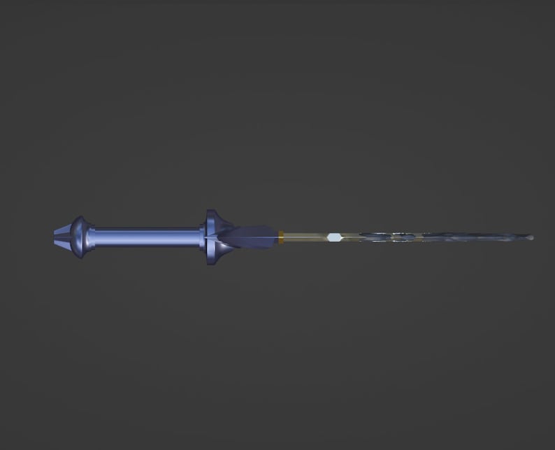 May include: A blue and silver sword with a black blade and a gold accent. The sword has a pointed tip and a handle with a decorative design.