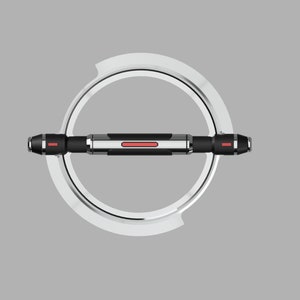 May include: A silver and black circular object with a red line across the center. The object is suspended in the air and appears to be rotating.