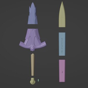 May include: A purple and gold sword with intricate details, broken down into five separate pieces for 3D printing.