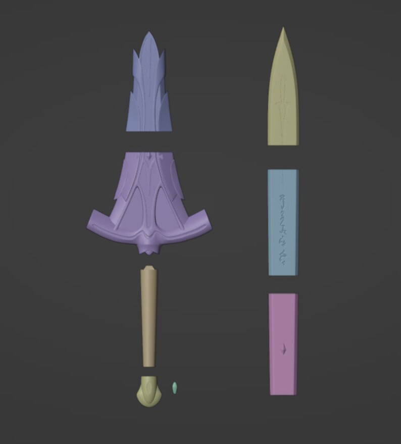 May include: A purple and gold sword with intricate details, broken down into five separate pieces for 3D printing.