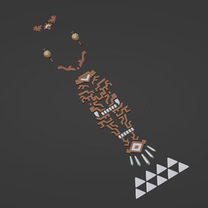 May include: A collection of decorative components featuring a brown, maze-like rectangular piece with white accents, two small textured spheres on stems, a small eye-like emblem, and a series of six white triangles arranged in a row.