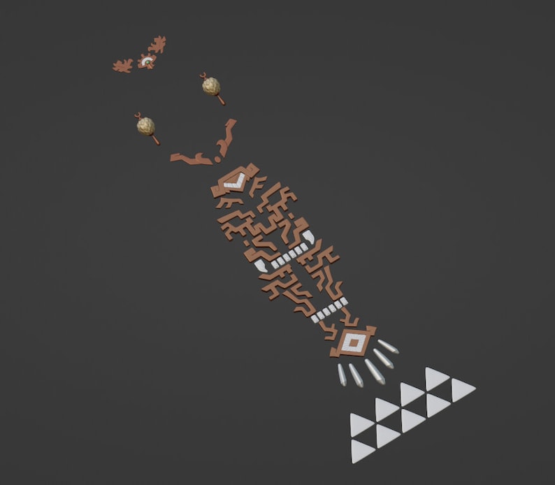 May include: A collection of decorative components featuring a brown, maze-like rectangular piece with white accents, two small textured spheres on stems, a small eye-like emblem, and a series of six white triangles arranged in a row.