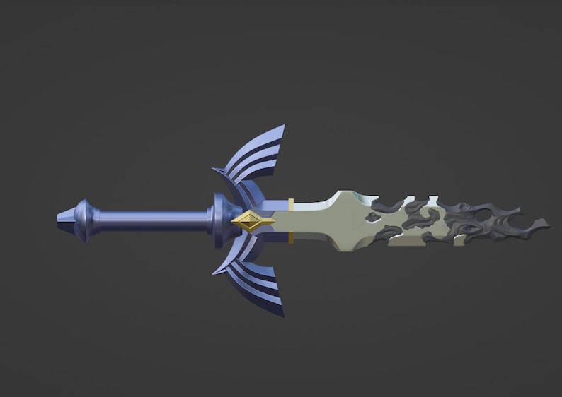 May include: A silver and blue sword with a gold detail and a black and white design on the blade.