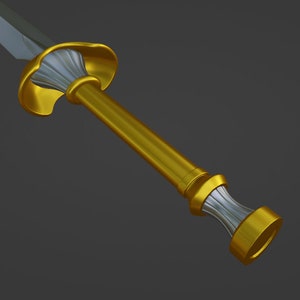 May include: A gold-coloured sword hilt with a silver-coloured pommel and a decorative, fluted design.