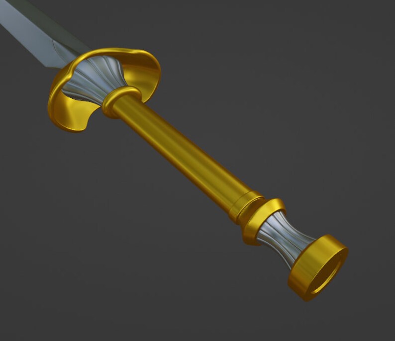 May include: A gold-coloured sword hilt with a silver-coloured pommel and a decorative, fluted design.