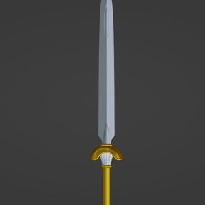 May include: A silver sword with a gold handle and a decorative pommel. The sword has a pointed tip and a double-edged blade.
