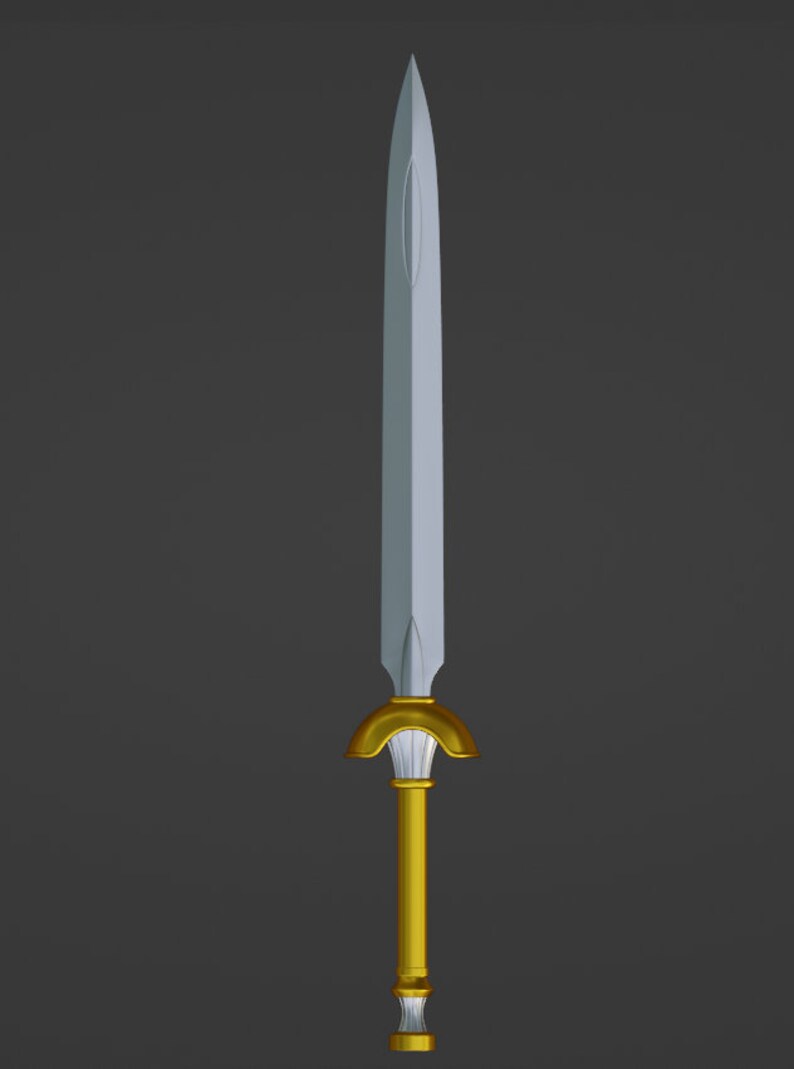 May include: A silver sword with a gold handle and a decorative pommel. The sword has a pointed tip and a double-edged blade.