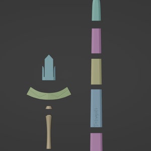 May include: A disassembled sword with a light blue, green, and yellow blade, a light blue hilt, and a light pink handle. The blade has the word "remarkable" written on it.