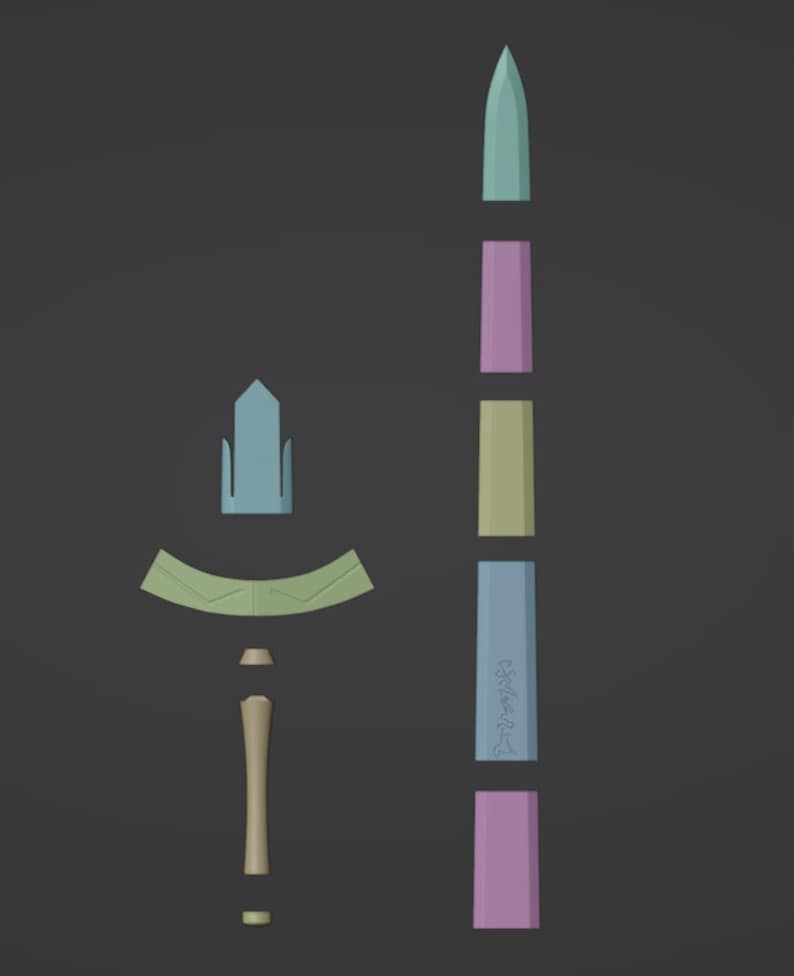 May include: A disassembled sword with a light blue, green, and yellow blade, a light blue hilt, and a light pink handle. The blade has the word "remarkable" written on it.