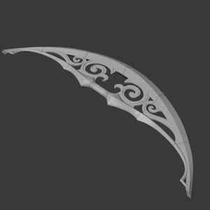 May include: A silver-colored, ornate, crescent-shaped bow with intricate scrollwork details.