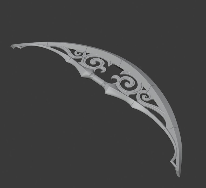 May include: A silver-colored, ornate, crescent-shaped bow with intricate scrollwork details.
