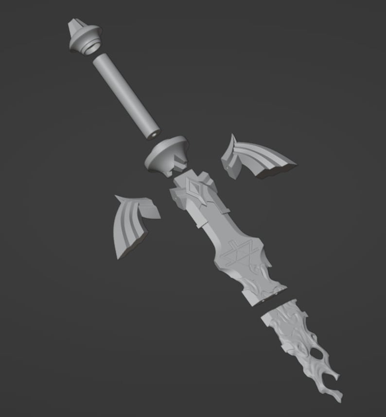 May include: A 3D printed model of a sword, disassembled into its individual parts. The sword is made of a light gray plastic and has a detailed design.