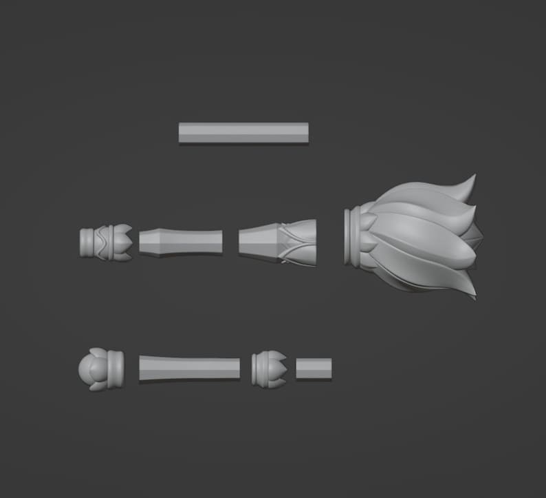 May include: A 3D printed model of a decorative flower-shaped scepter, disassembled into five pieces. The pieces include a top, two middle sections, and a bottom.